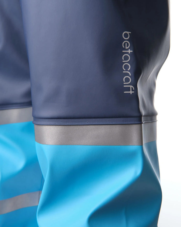 Navy Pale Bluecoloured Betacraft Childrens Tuffbak Overtrousers on white background #colour_navy-pale-blue