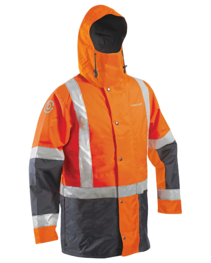 Fluoro Orange Navy coloured Betacraft ISO940 Waterproof Ranger Parka on white background #colour_fluoro-orange-navy