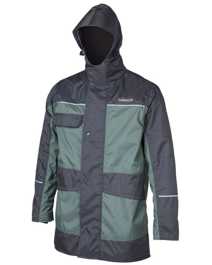 Greenstone Charcoal coloured Betacraft ISO940 Waterproof Parka on white background #colour_greenstone-charcoal