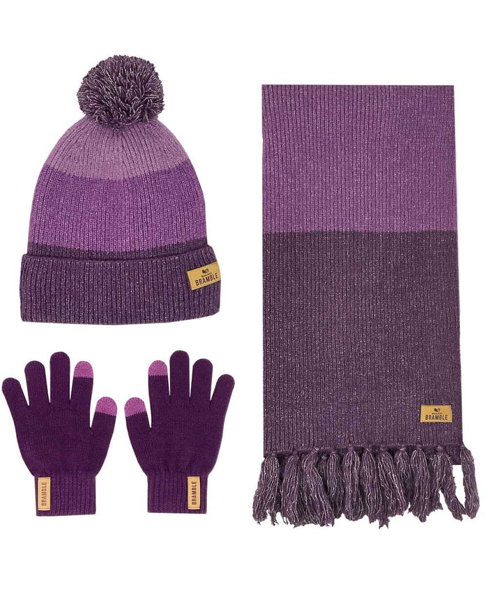 Purple Mix coloured Bramble Three Piece Colour Block Hat Gloves Scarf Set on white background #colour_purple-mix