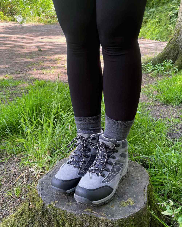 Grey Black coloured Bramble Womens Hiker Bamboo Footbed Socks Triple Pack on park backgound #colour_grey-black