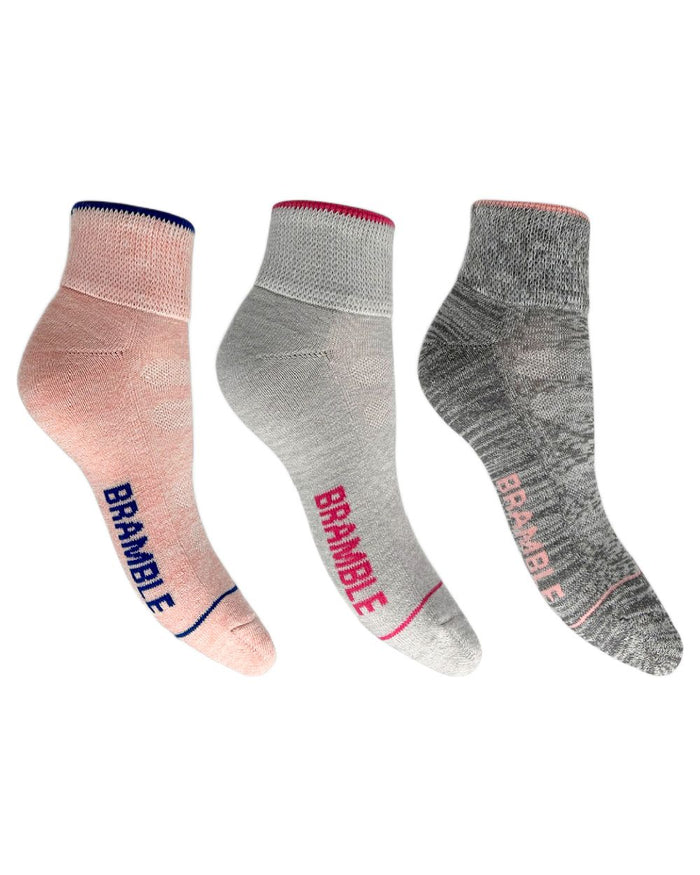 Grey Pink Coloured Bramble Womens Low Cut Trail Socks Triple Pack on white background #colour_grey-pink