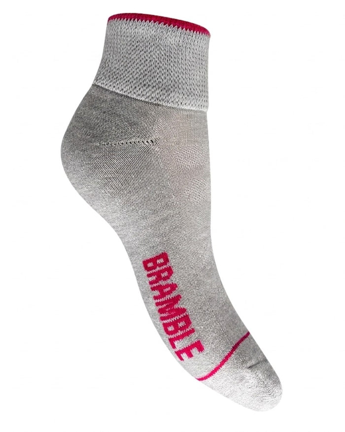 Grey Pink Coloured Bramble Womens Low Cut Trail Socks Triple Pack on white background #colour_grey-pink