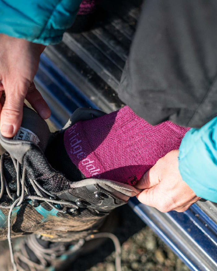 Berry Coloured Bridgedale Womens Lightweight Merino Performance Socks on Outdoor Background
#colour_berry