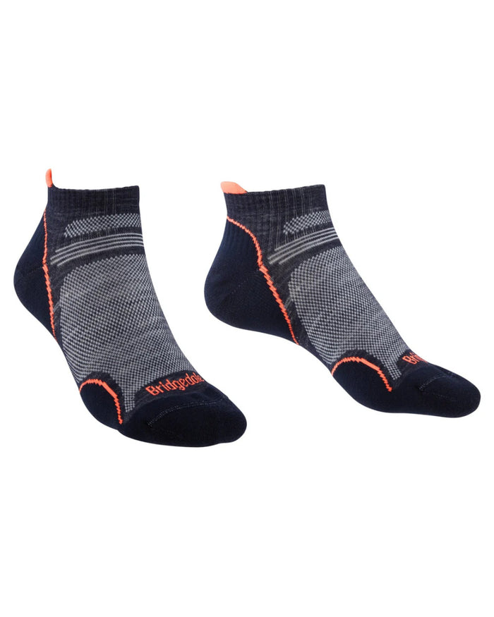 Navy/Candy Coloured Bridgedale Womens Ultra Light T2 Merino Performance Low Socks On A White Background #colour_navy-candy