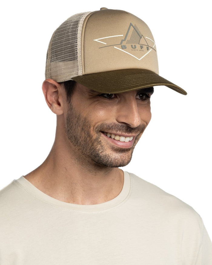 Khaki Coloured Buff Brak Trucker Cap on white background #colour_khaki