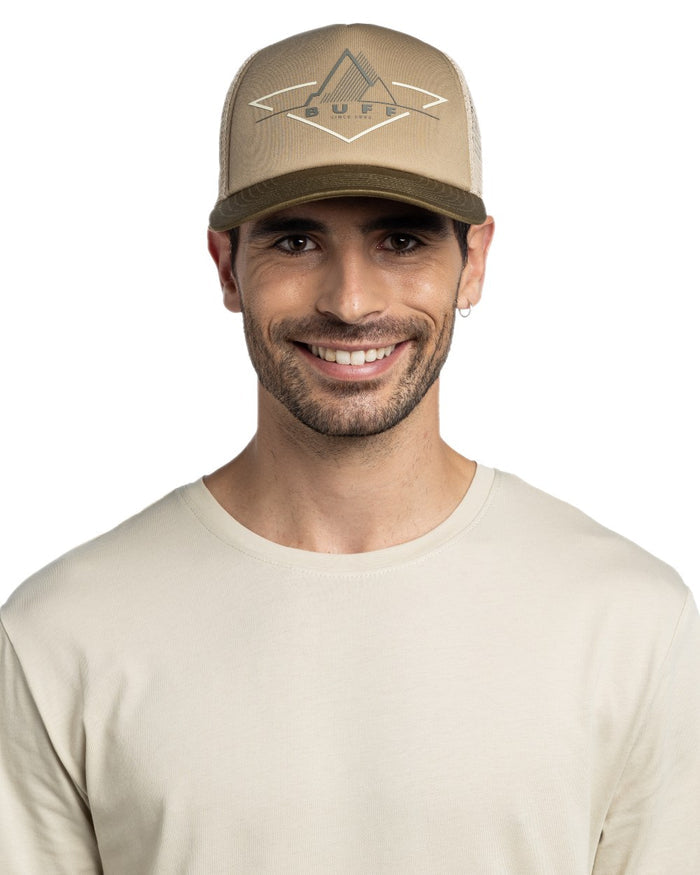 Khaki Coloured Buff Brak Trucker Cap on white background #colour_khaki