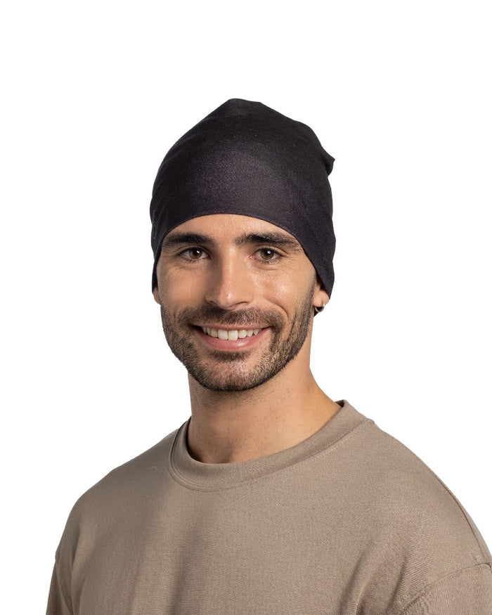 Black Coloured Buff Ecostretch Beanie on white background #colour_black