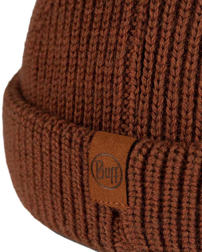Cinnamon Coloured Buff Knitted Ervin Beanie on white background #colour_cinnamon