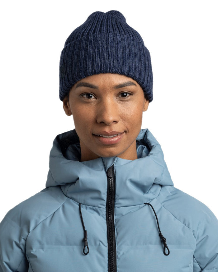 Midnight Coloured Buff Knitted Erviny Beanie on white background #colour_midnight
