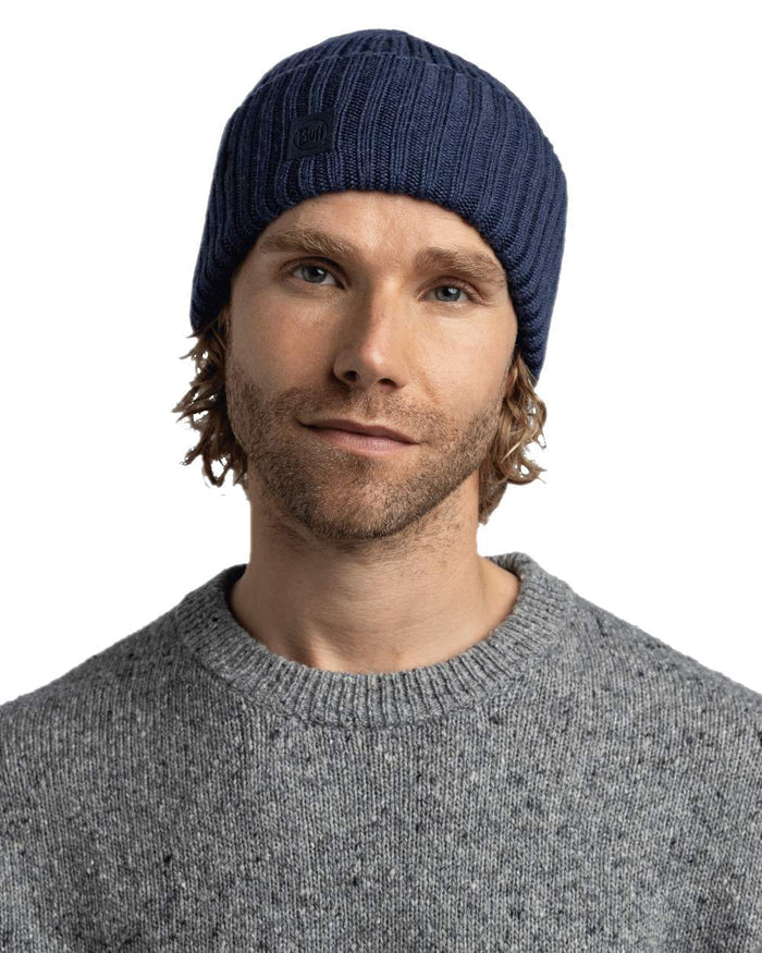 Midnight Coloured Buff Knitted Erviny Beanie on white background #colour_midnight