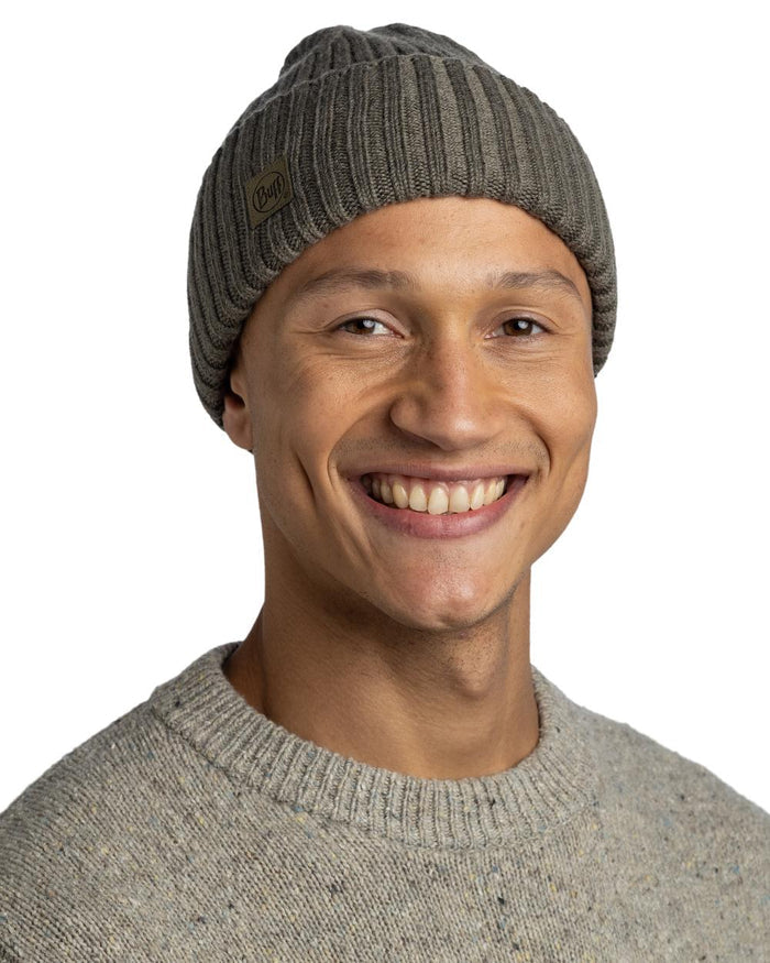 Bark Coloured Buff Knitted Erviny Beanie on white background #colour_bark