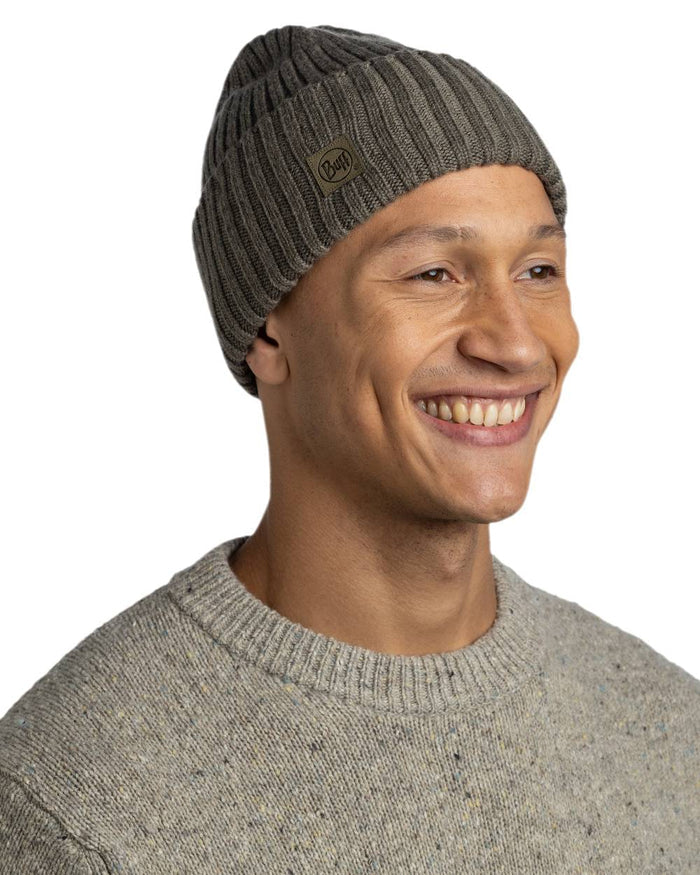 Bark Coloured Buff Knitted Erviny Beanie on white background #colour_bark