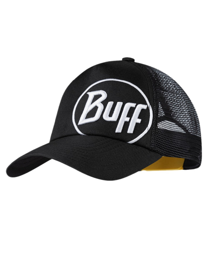 Black Coloured Buff Logo Trucker Cap on white background #colour_black