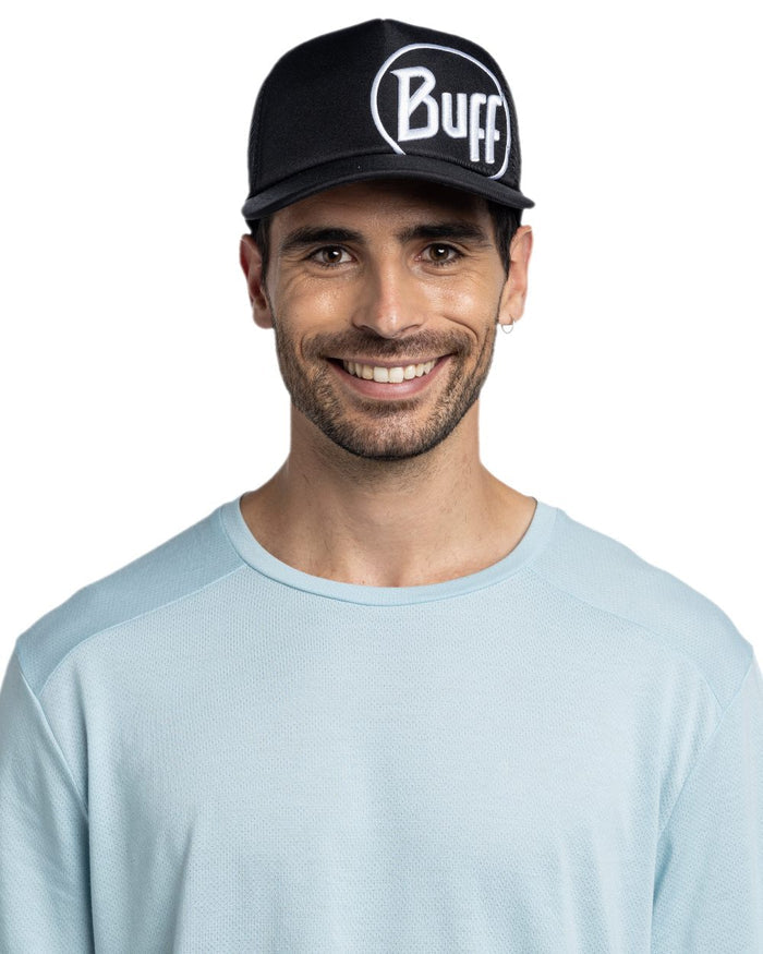 Black Coloured Buff Logo Trucker Cap on white background #colour_black