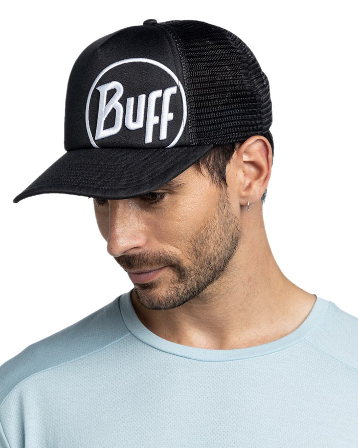 Black Coloured Buff Logo Trucker Cap on white background #colour_black