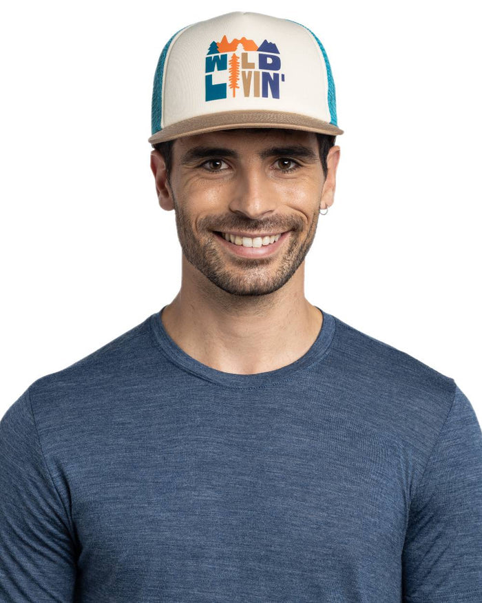 Multi Coloured Buff Scen Trucker Cap on white background #colour_multi