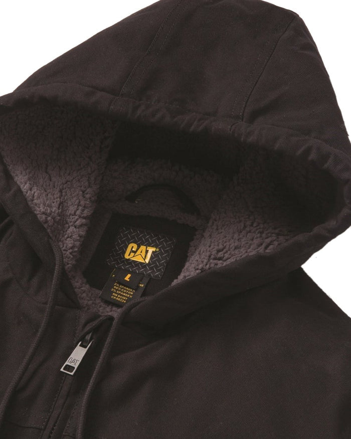 Black Coloured Caterpillar Mens Hooded Sherpa Lined Jacket on White Background
#colour_black