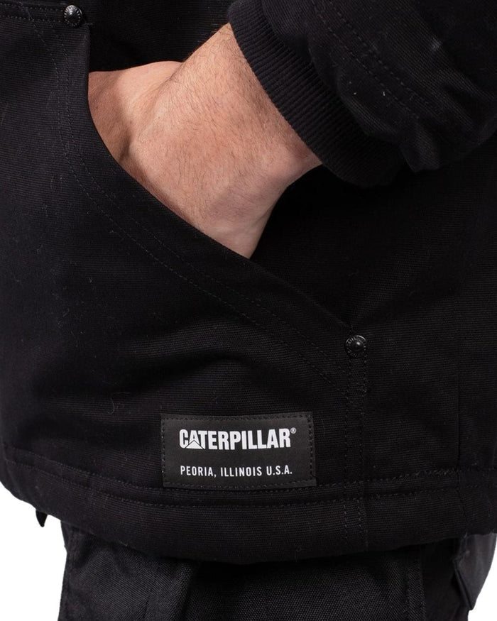 Black Coloured Caterpillar Mens Hooded Sherpa Lined Jacket on White Background
#colour_black