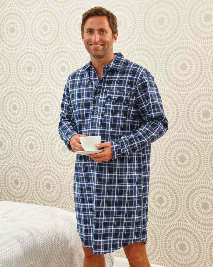 Blue coloured Champion Canterbury Cotton Nightshirt on wall background #colour_blue