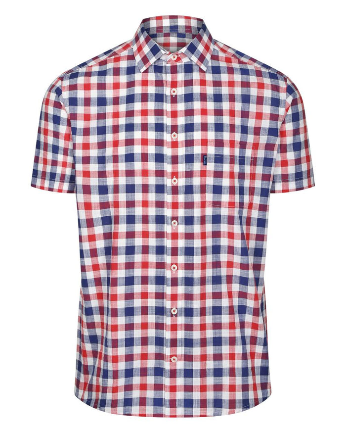 Red coloured Champion Holkham Short Sleeved Shirt on white background #colour_red