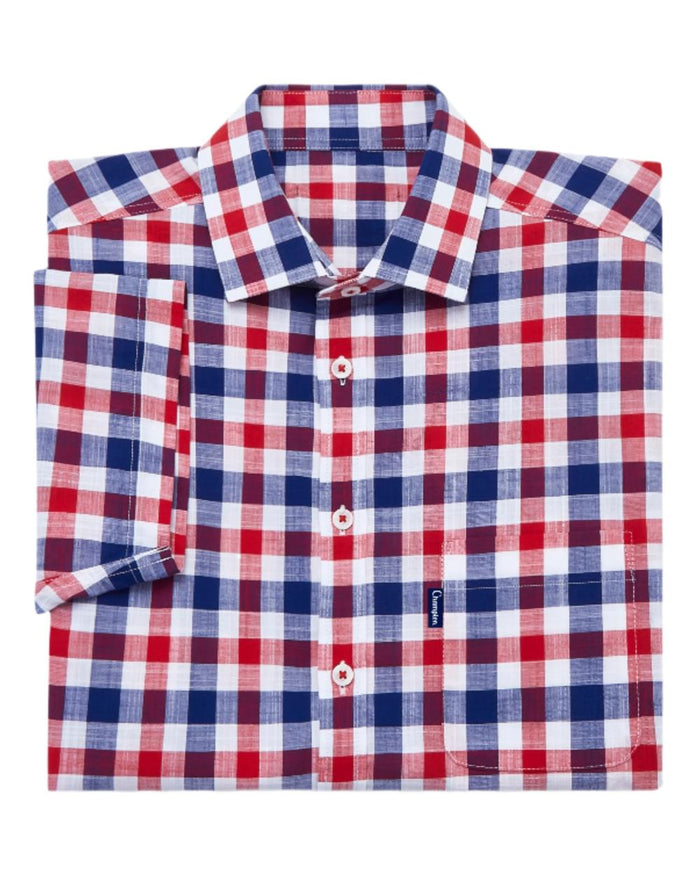 Red coloured Champion Holkham Short Sleeved Shirt on white background #colour_red