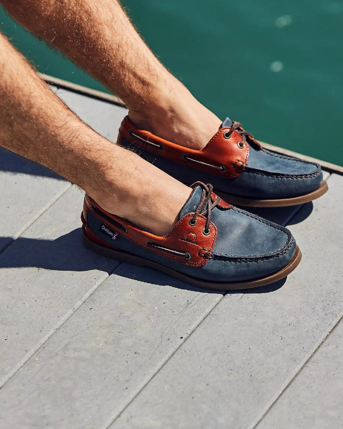 Navy Seahorse Coloured Chatham Mens Bermuda II G2-Leather Boat Shoes on pool background #colour_navy-seahorse
