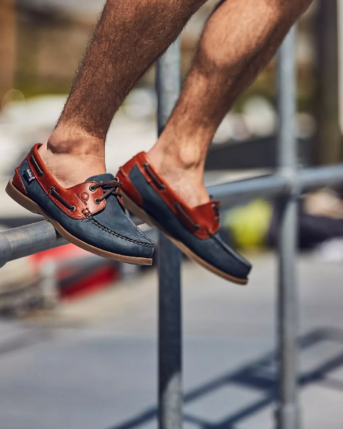 Navy Seahorse Coloured Chatham Mens Bermuda II G2-Leather Boat Shoes on stand background #colour_navy-seahorse