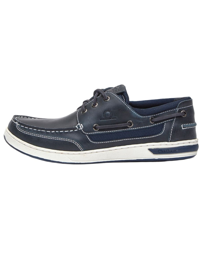 Navy coloured Chatham Mens Buton G2 Premium Leather Deck Shoes on white background #colour_navy