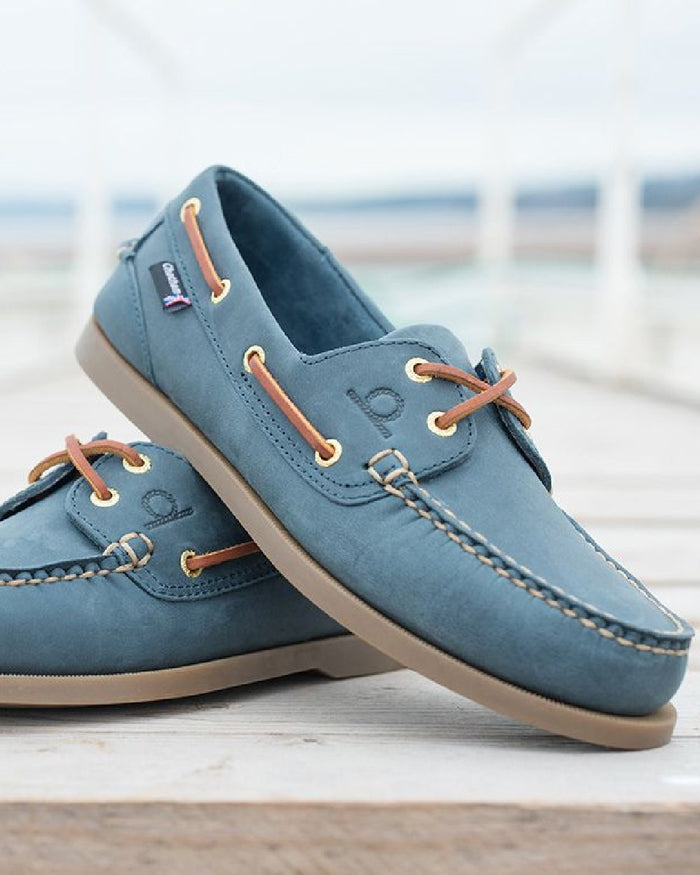 Blue Coloured Chatham Mens The Deck II G2 Premium Leather Boat Shoes on blurry background #colour_blue