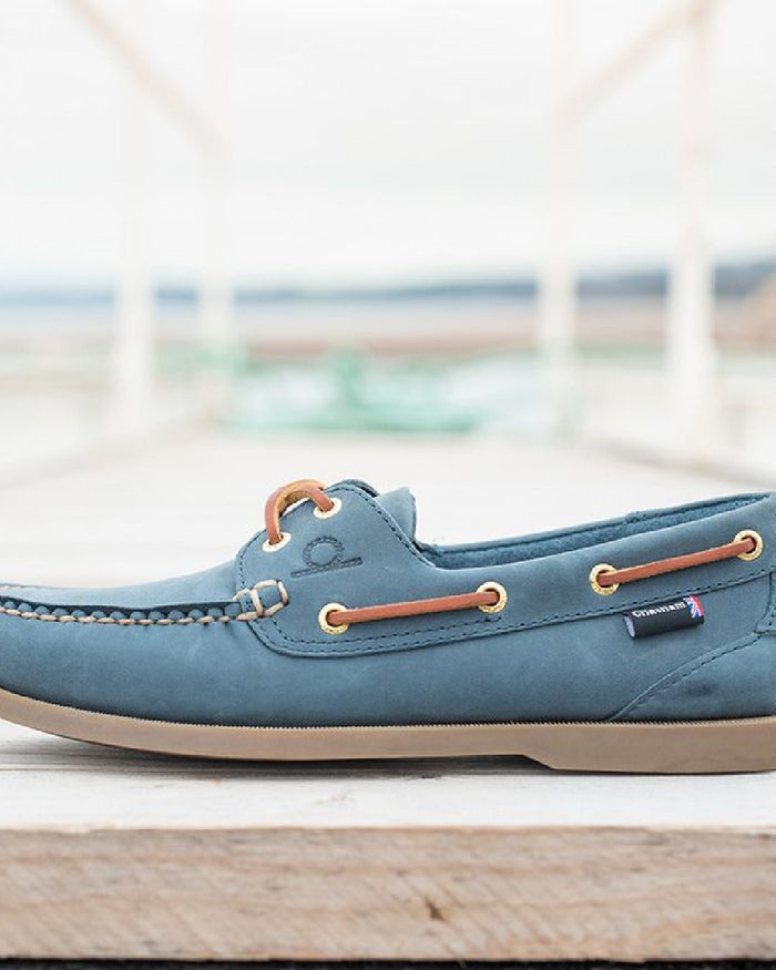 Blue Coloured Chatham Mens The Deck II G2 Premium Leather Boat Shoes on blurry background #colour_blue