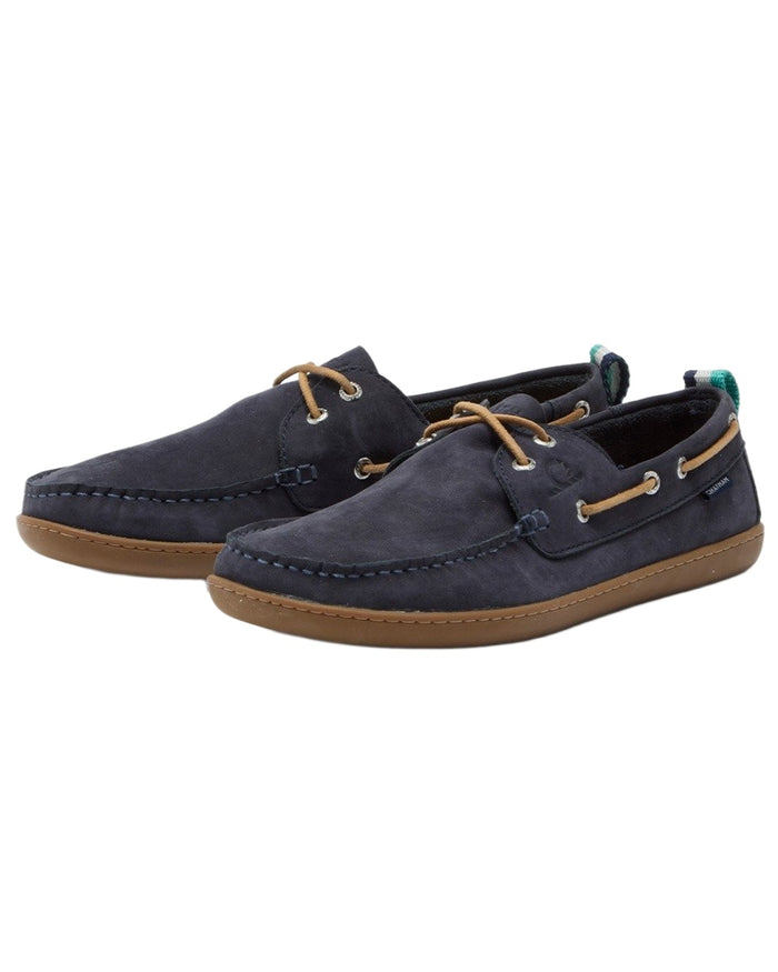 Navy coloured Chatham Mens Eclipse Nubuck Barefoot Boat Shoes on white background #colour_navy