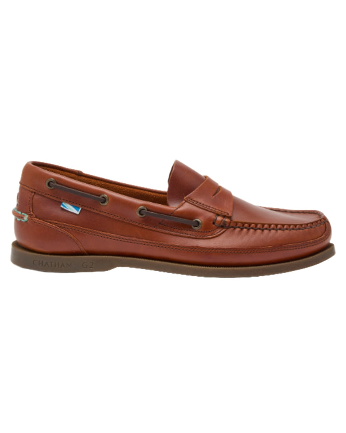 Chestnut Coloured Chatham Mens Gaff II G2 Slip On Leather Boat Shoes on white background #colour_chestnut