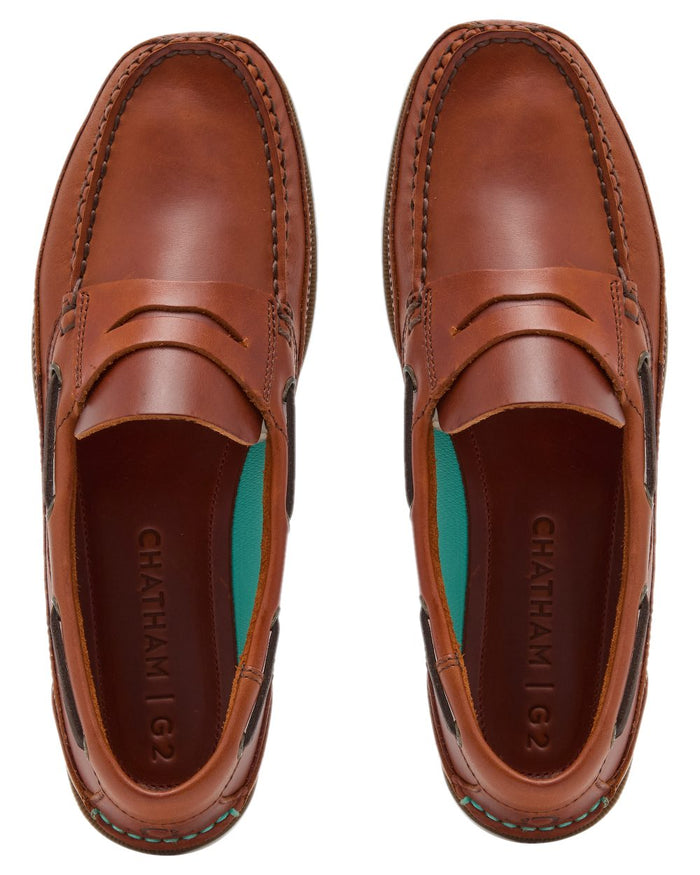 Chestnut Coloured Chatham Mens Gaff II G2 Slip On Leather Boat Shoes on white background #colour_chestnut