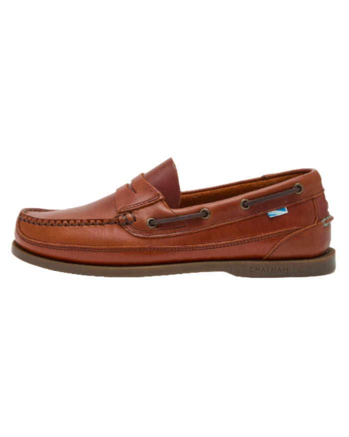 Chestnut Coloured Chatham Mens Gaff II G2 Slip On Leather Boat Shoes on white background #colour_chestnut