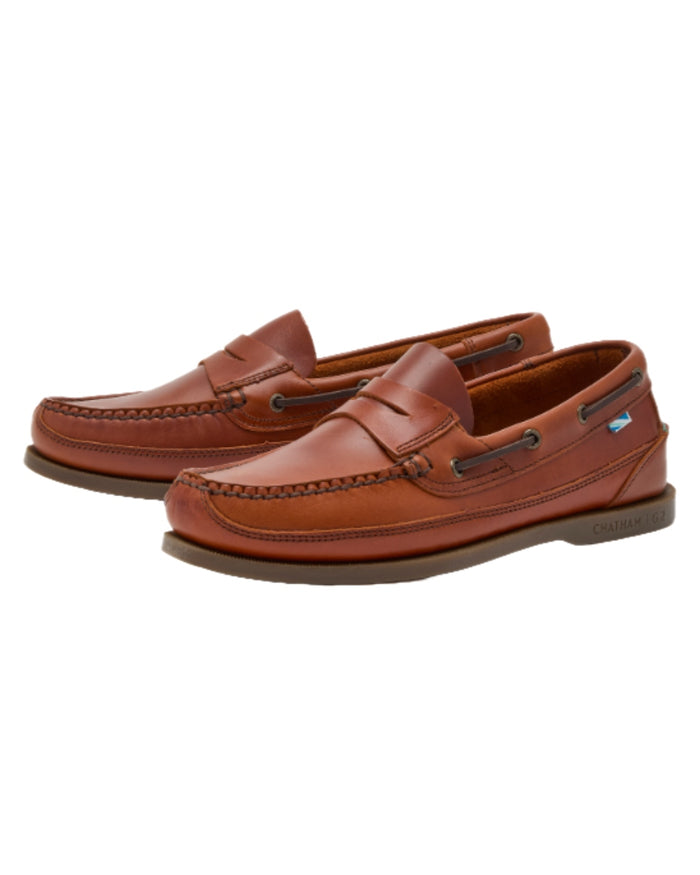Chestnut Coloured Chatham Mens Gaff II G2 Slip On Leather Boat Shoes on white background #colour_chestnut