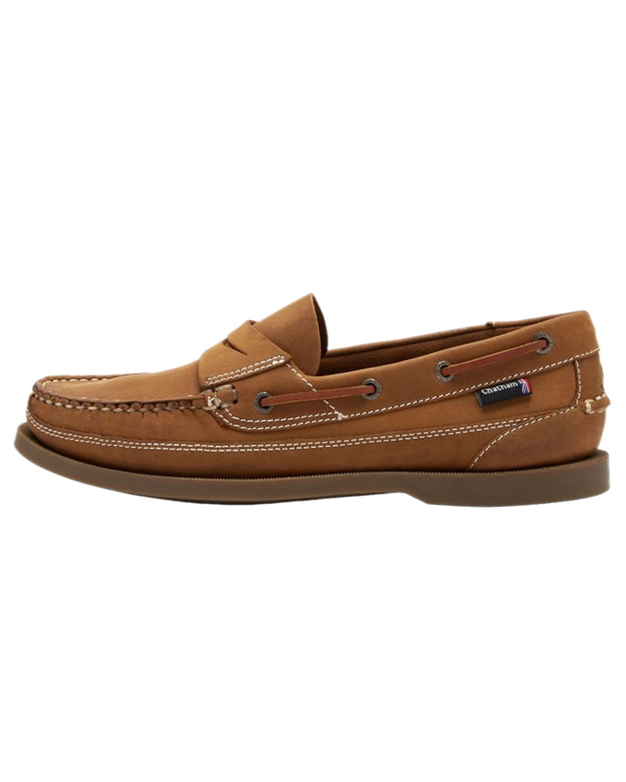 Walnut Coloured Chatham Mens Gaff II G2 Slip On Leather Boat Shoes on white background #colour_walnut