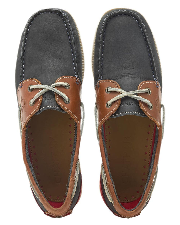 Navy Tan Coloured Chatham Mens Galley II Leather Boat Shoes on white background #colour_navy-tan