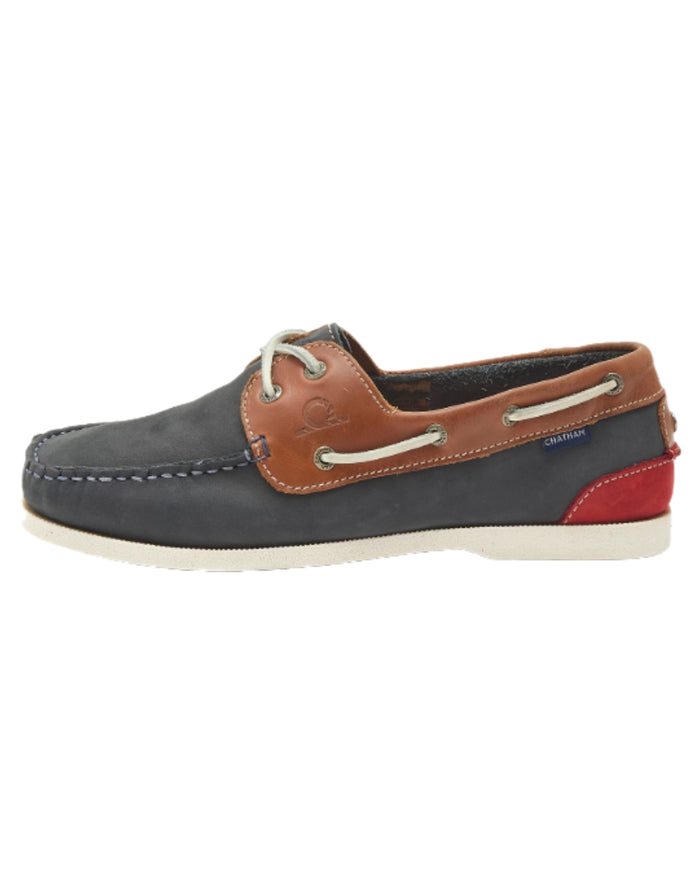 Navy Tan Coloured Chatham Mens Galley II Leather Boat Shoes on white background #colour_navy-tan