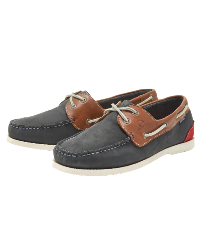 Navy Tan Coloured Chatham Mens Galley II Leather Boat Shoes on white background #colour_navy-tan