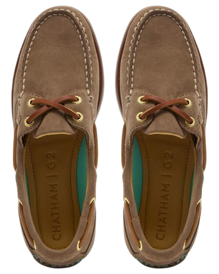 Fossil coloured Chatham Mens Lyme G2 Premium Nubuck Boat Shoes on white background #colour_fossil