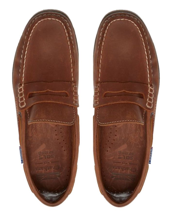 Tan Coloured Chatham Mens Shanklin-Premium Leather Loafers on white background #colour_tan