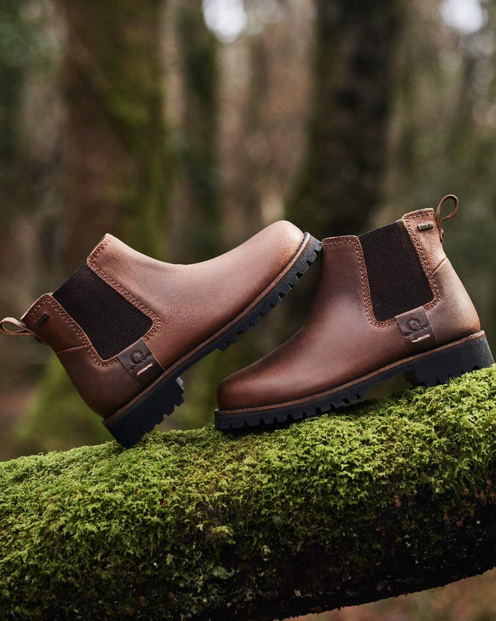 Chocolate Coloured Chatham Mens Southill II Waterproof Chelsea Boots on blurry background #colour_chocolate