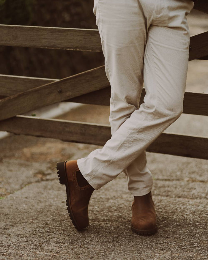 Walnut Coloured Chatham Mens Southill II Waterproof Chelsea Boots on street background #colour_walnut