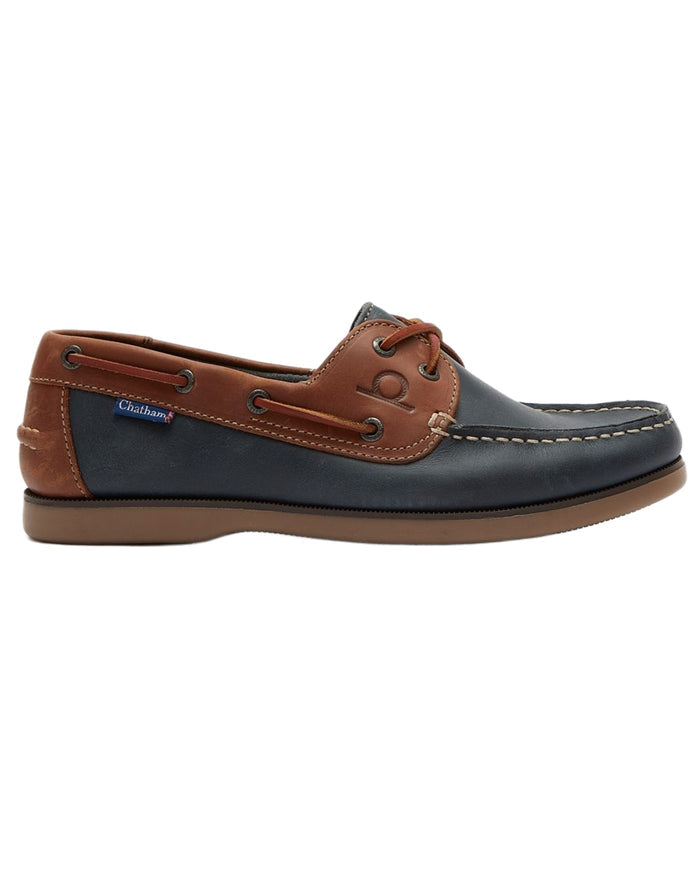 Navy Tan coloured Chatham Mens Whitstable Premium Leather Boat Shoes on white background #colour_navy-tan