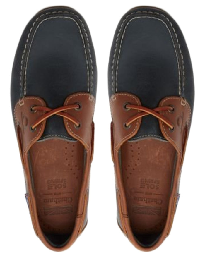 Navy Tan coloured Chatham Mens Whitstable Premium Leather Boat Shoes on white background #colour_navy-tan