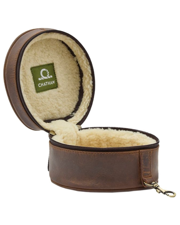 Brown Coloured Chatham Premium Antique Oiled Leather Hearing Protection Case on white background #colour_brown