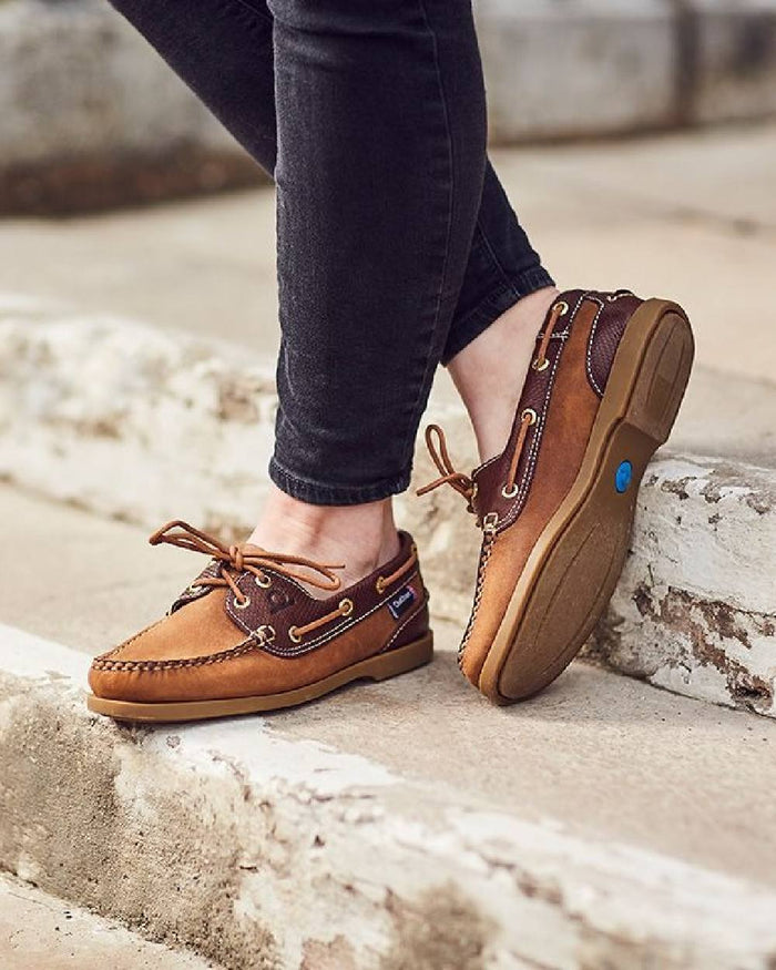 Walnut Brown Snake Coloured Chatham Womens Bermuda G2 Leather Boat Shoes on stair background #colour_walnut-brown-snake