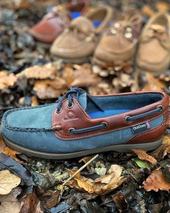 Navy Seahorse Coloured Chatham Womens Bermuda G2 Leather Boat Shoes on land background #colour_navy-seahorse