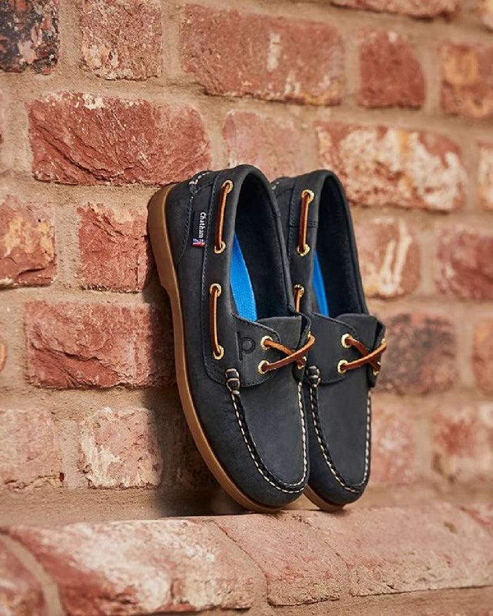 Blue Coloured Chatham Womens Deck II G2 Premium Leather Boat Shoes on wall background #colour_blue